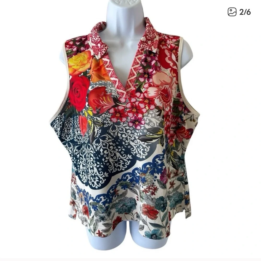 Johnny Was XL Tango Active Pique Polo V Neck sleeveless top - Picture 2 of 6